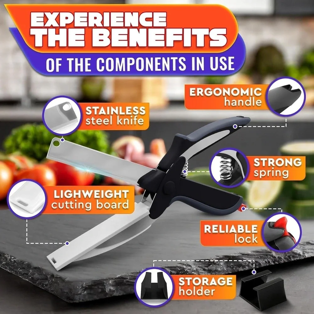 2 in 1 Kitchen Scissors for Food – Stainless Steel Blade & Plastic Cutting Board
